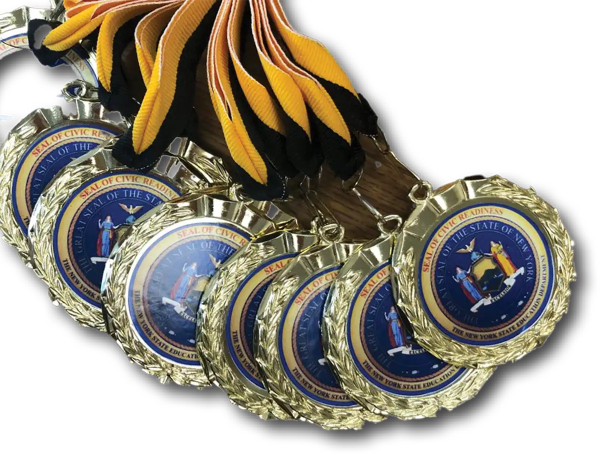 A cluster of gold medals with yellow and black ribbons, each featuring a blue center emblem for the New York State "Seal of Civic Readiness" with a textured gold border.