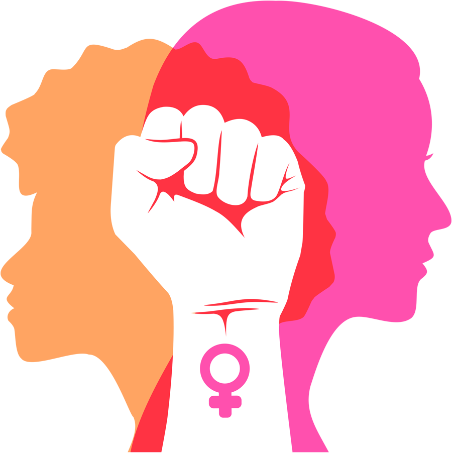Graphic illustration showing overlapping orange and pink profiles of women facing outwards. A raised white fist is positioned in the center with a pink female symbol on the wrist.