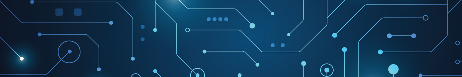An abstract digital circuit board design featuring interconnected lines and nodes in various shades of blue on a dark background.