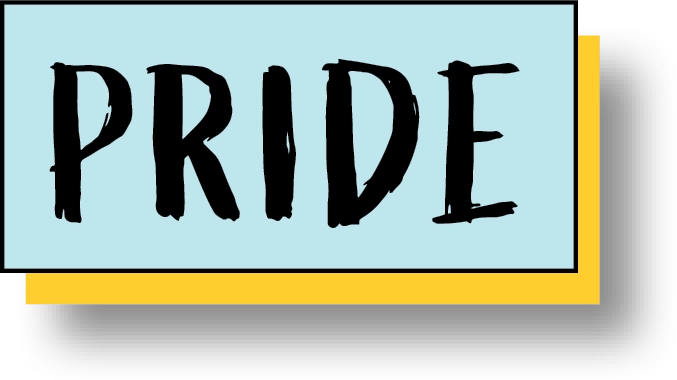 Graphic with the word "PRIDE" written in bold, black hand-drawn text on a light blue background with a yellow shadow.