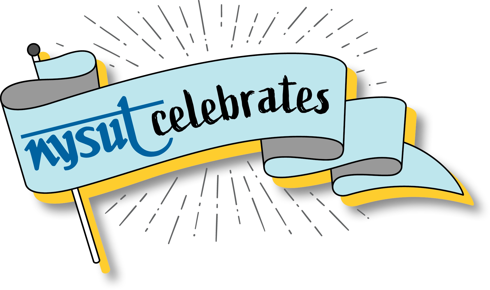 Stylized light blue banner with sunburst lines reading "nysut celebrates" in a script font with yellow accents.