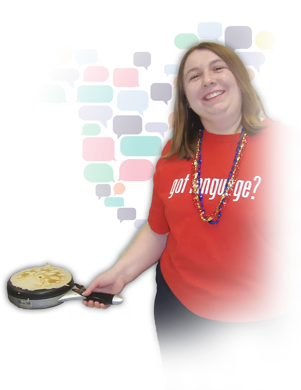 A smiling woman in a red shirt with the phrase "got language?" holds a frying pan with a cooked item, adorned with colorful beads, against a backdrop of colorful speech bubbles.