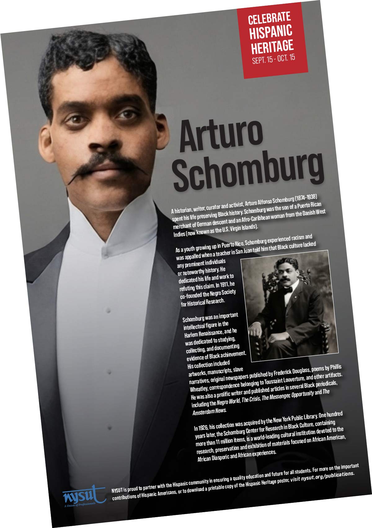 NYSUT educational poster celebrating Hispanic Heritage Month, featuring a portrait and biography of historian and activist Arturo Schomburg.