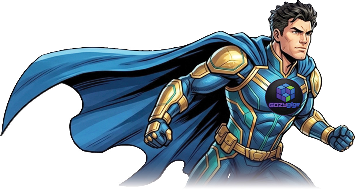 Comic book illustration of a male superhero in a blue and gold suit with a flowing cape, bearing a Gozygigs logo on his chest.