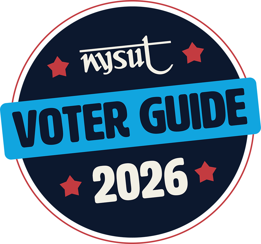 Circular seal graphic reading "NYSUT VOTER GUIDE 2026" framed by red stars.